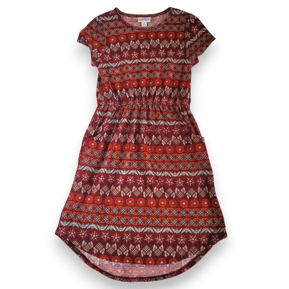 LuLaRoe Girls Mae Dress Size 10 Red Geometric Print Elastic Waist Pocket Dress